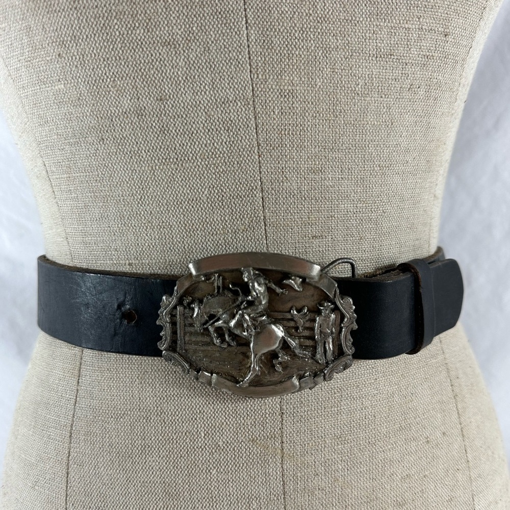 Vintage Bergamot Brass Works 1981 Rodeo cowboys belt buckle and black belt  38 - Picture 8 of 11